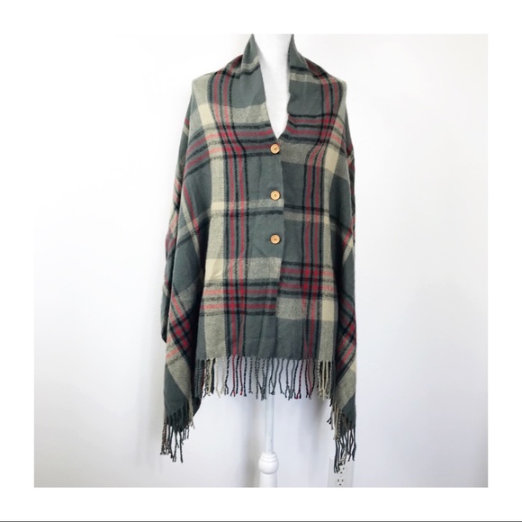 Top It Off Jackets & Blazers - Top It Off Plaid Button Fringe Poncho OS